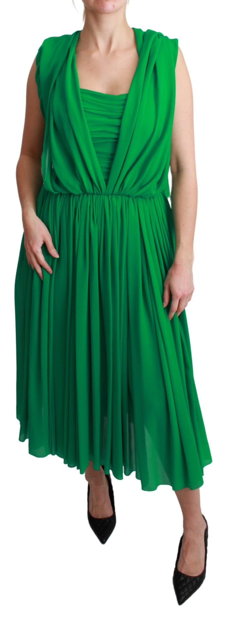 Dolce &amp; Gabbana 100% Silk Green Sleeveless Pleated Maxi Dress women’s dress