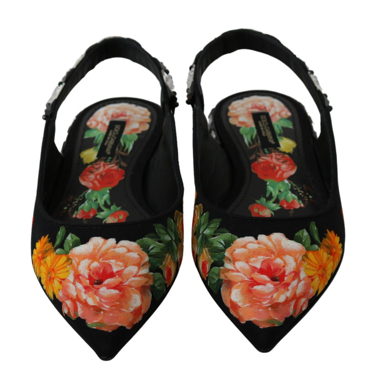Dolce &amp; Gabbana Black Floral Crystal Slingbacks Flats Shoes
