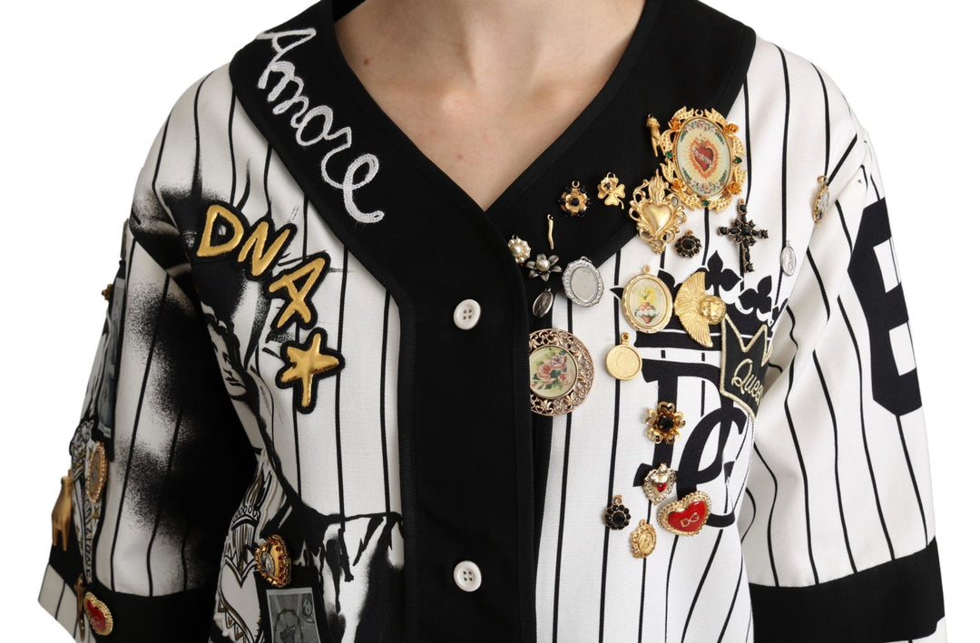 Dolce & Gabbana White and black Blouse Cotton Crystal Charms Amore Shirt