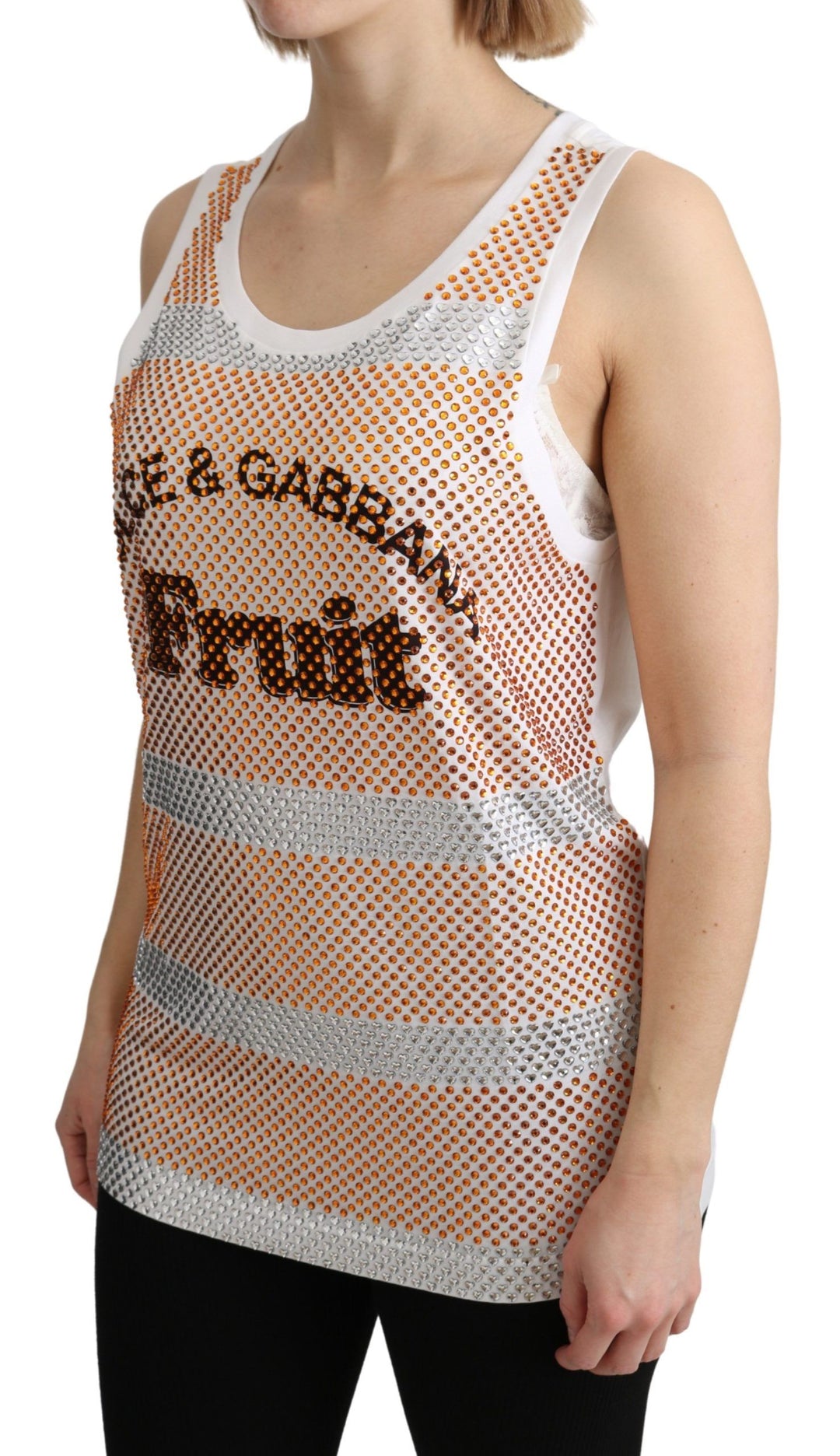 Dolce &amp; Gabbana White Orange Crystal Sleeveless Tank Cotton Top