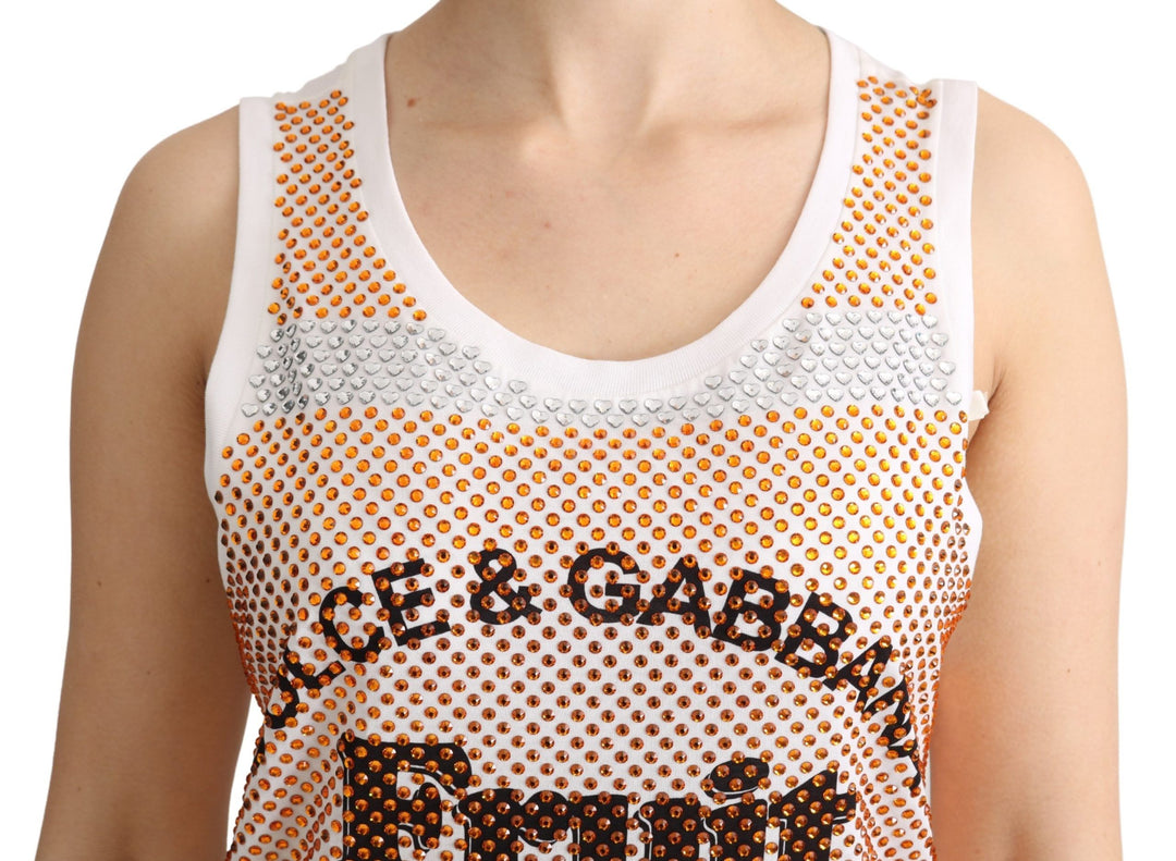 Dolce &amp; Gabbana White Orange Crystal Sleeveless Tank Cotton Top
