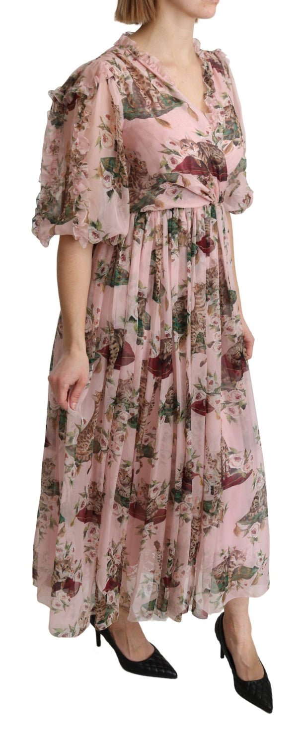 Dolce & Gabbana Pink Bengal Cat Print A-line Maxi Silk Dress women’s dress