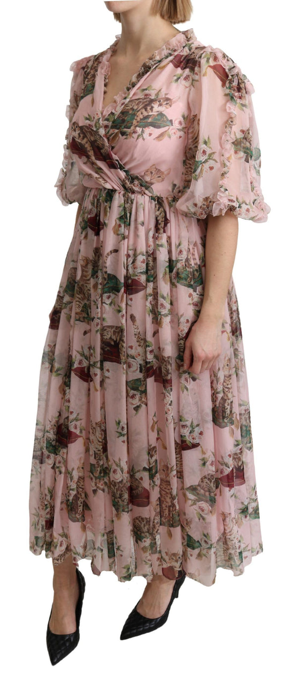 Dolce & Gabbana Pink Bengal Cat Print A-line Maxi Silk Dress women’s dress