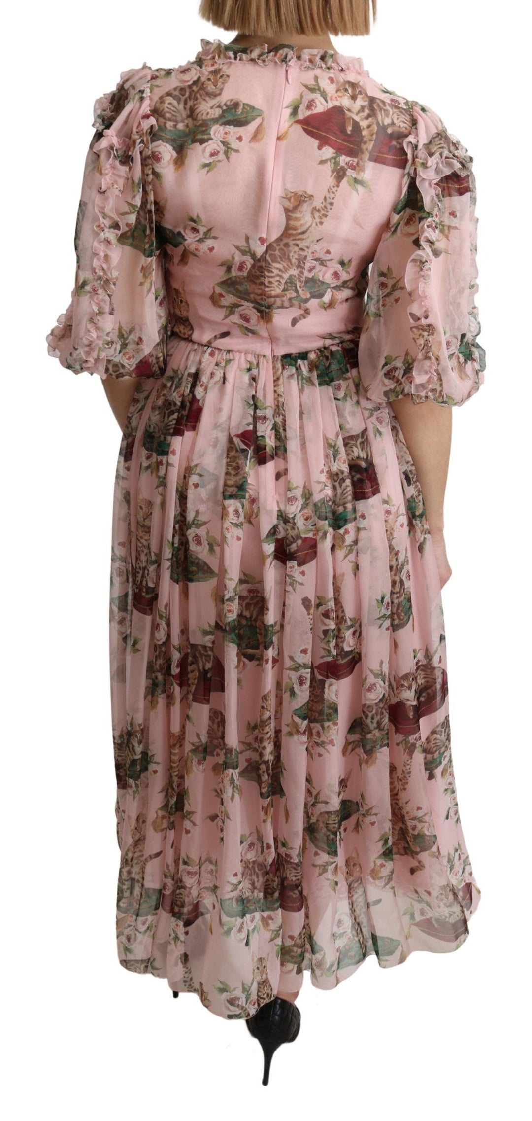 Dolce &amp; Gabbana Pink Bengal Cat Print A-line Maxi Silk Dress women’s dress