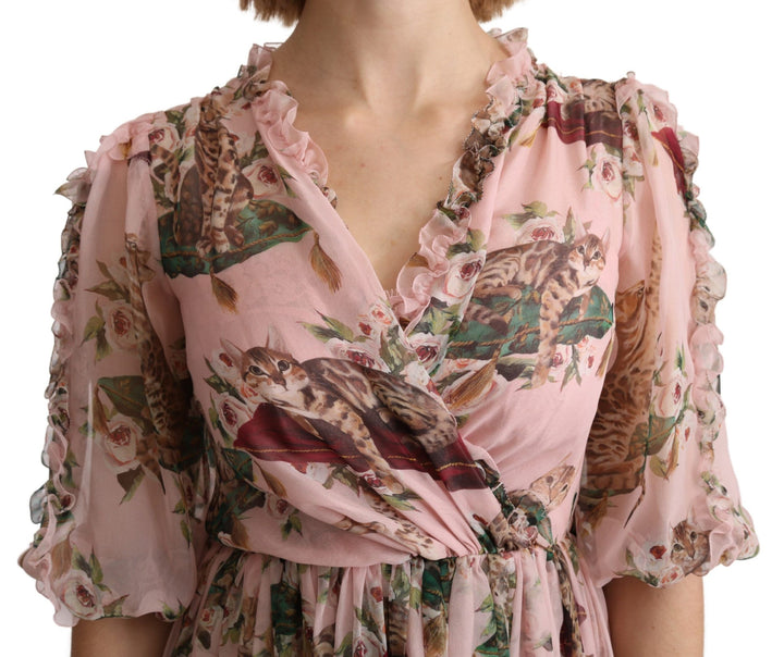 Dolce &amp; Gabbana Pink Bengal Cat Print A-line Maxi Silk Dress women’s dress