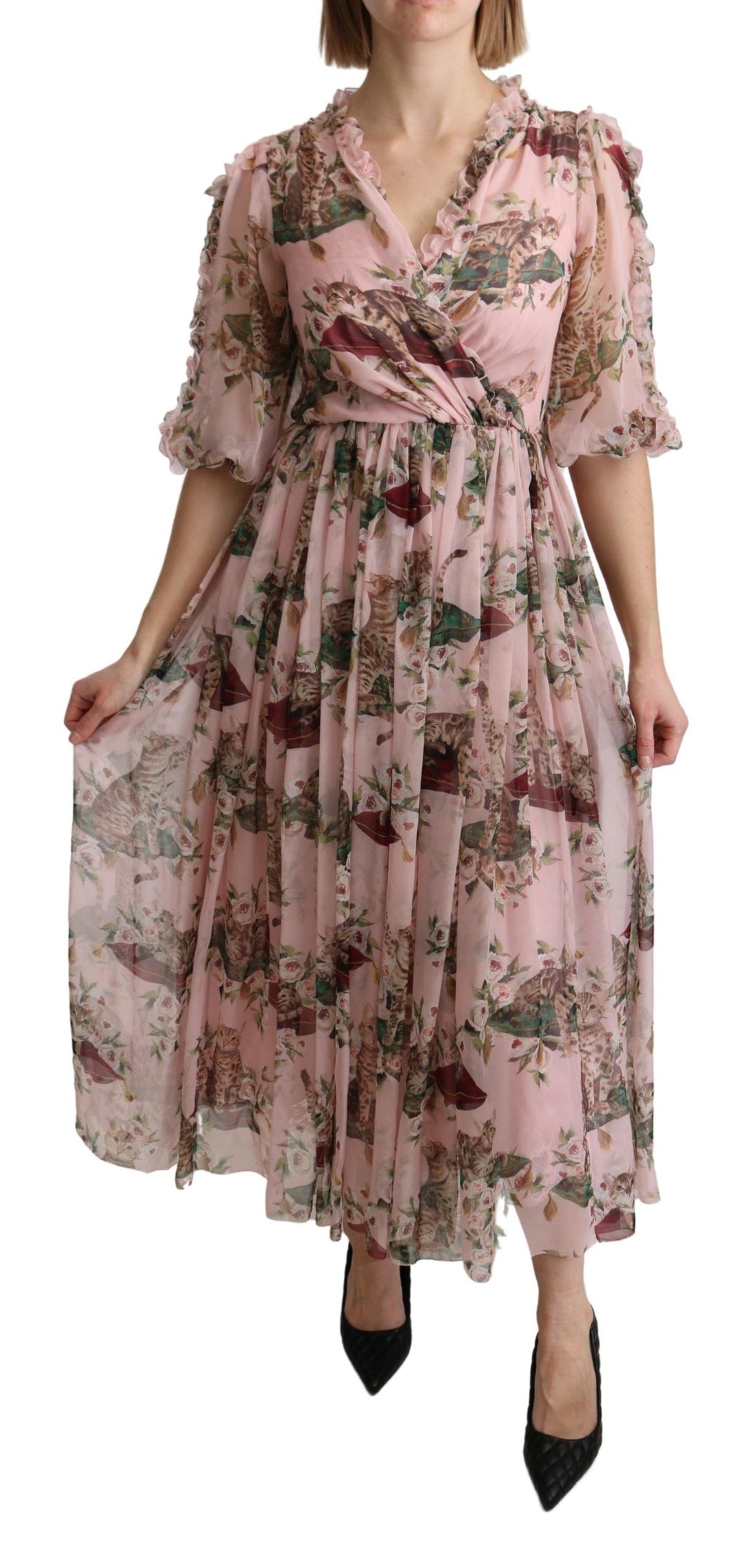 Dolce &amp; Gabbana Pink Bengal Cat Print A-line Maxi Silk Dress women’s dress