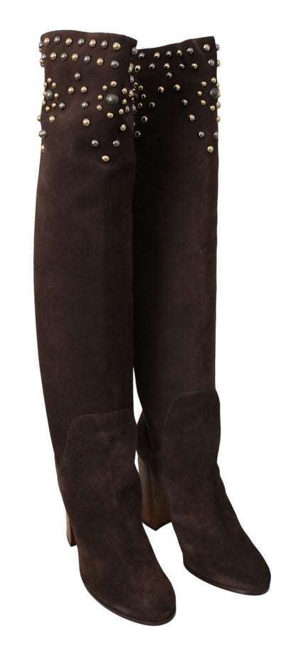 Bottes hautes en daim cloutées Dolce &amp; Gabbana marron
