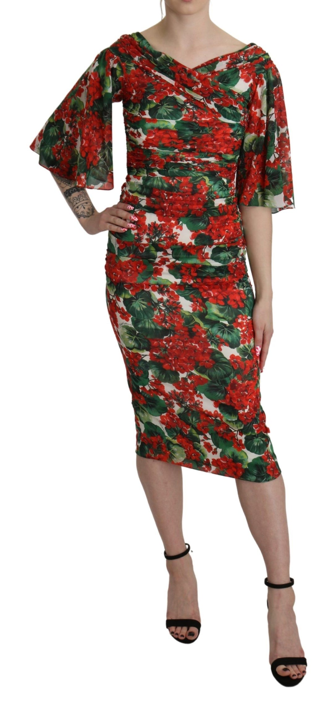 Dolce &amp; Gabbana Red Floral Sheath Midi Silk Stretch Dress women’s dress