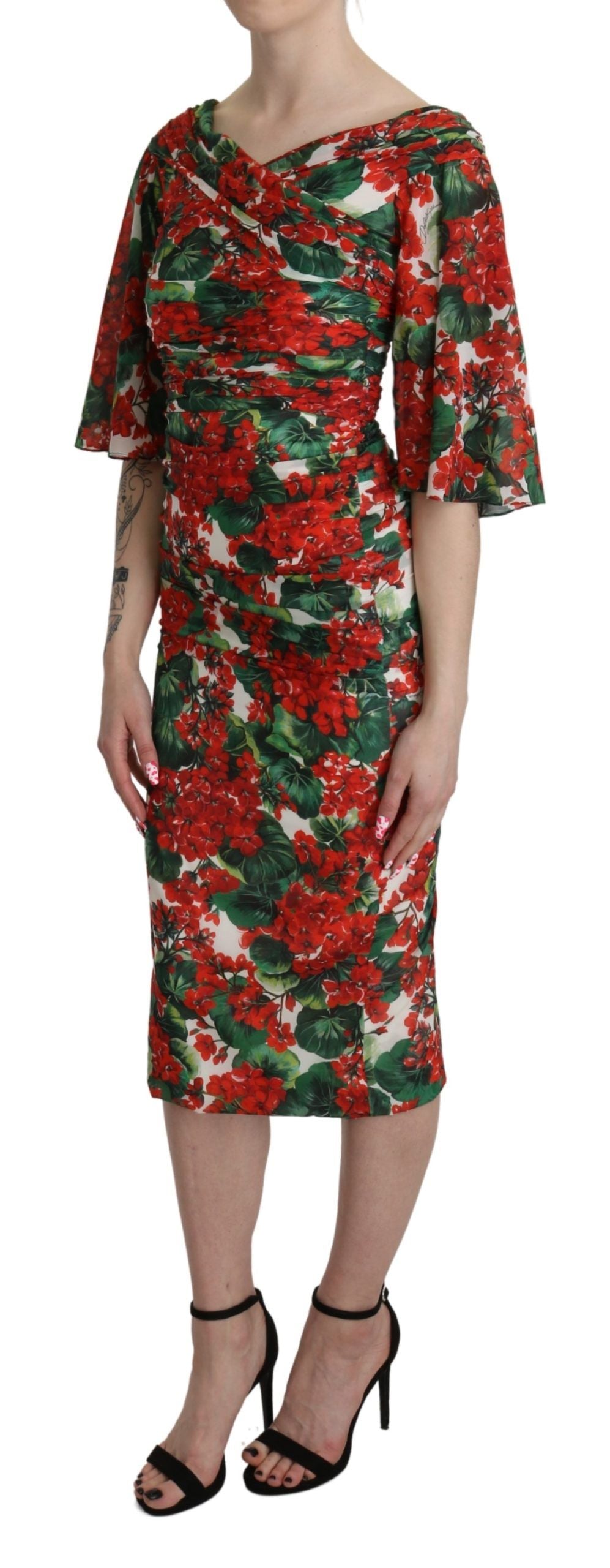 Dolce &amp; Gabbana Red Floral Sheath Midi Silk Stretch Dress women’s dress