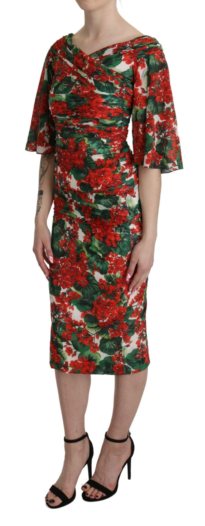 Dolce &amp; Gabbana Red Floral Sheath Midi Silk Stretch Dress women’s dress