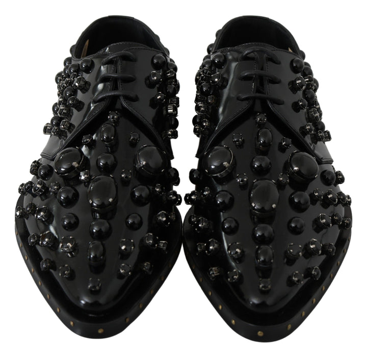 Dolce &amp; Gabbana Black Leather Crystals Dress Broque Shoes
