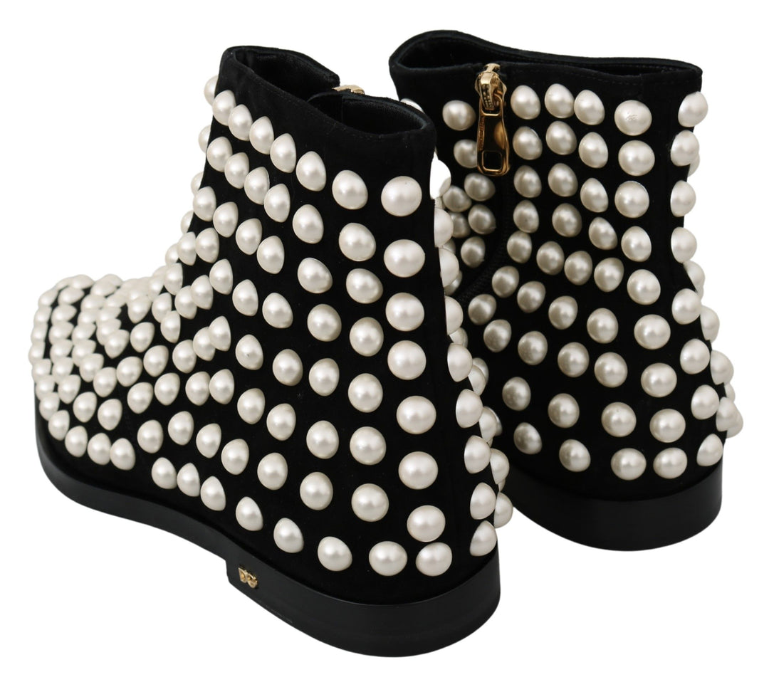 Dolce &amp; Gabbana Black Suede Pearl Studs Boots Shoes