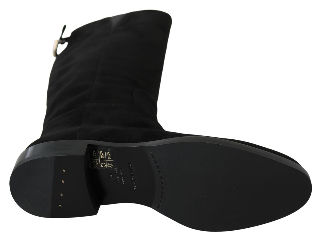 Dolce &amp; Gabbana Black Suede Knee High Flat Boots Shoes
