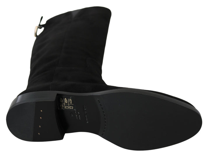 Dolce &amp; Gabbana Black Suede Knee High Flat Boots Shoes