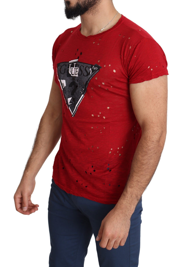 Guess Red Cotton Logo Print Men Casual Top Perforated T-shirt