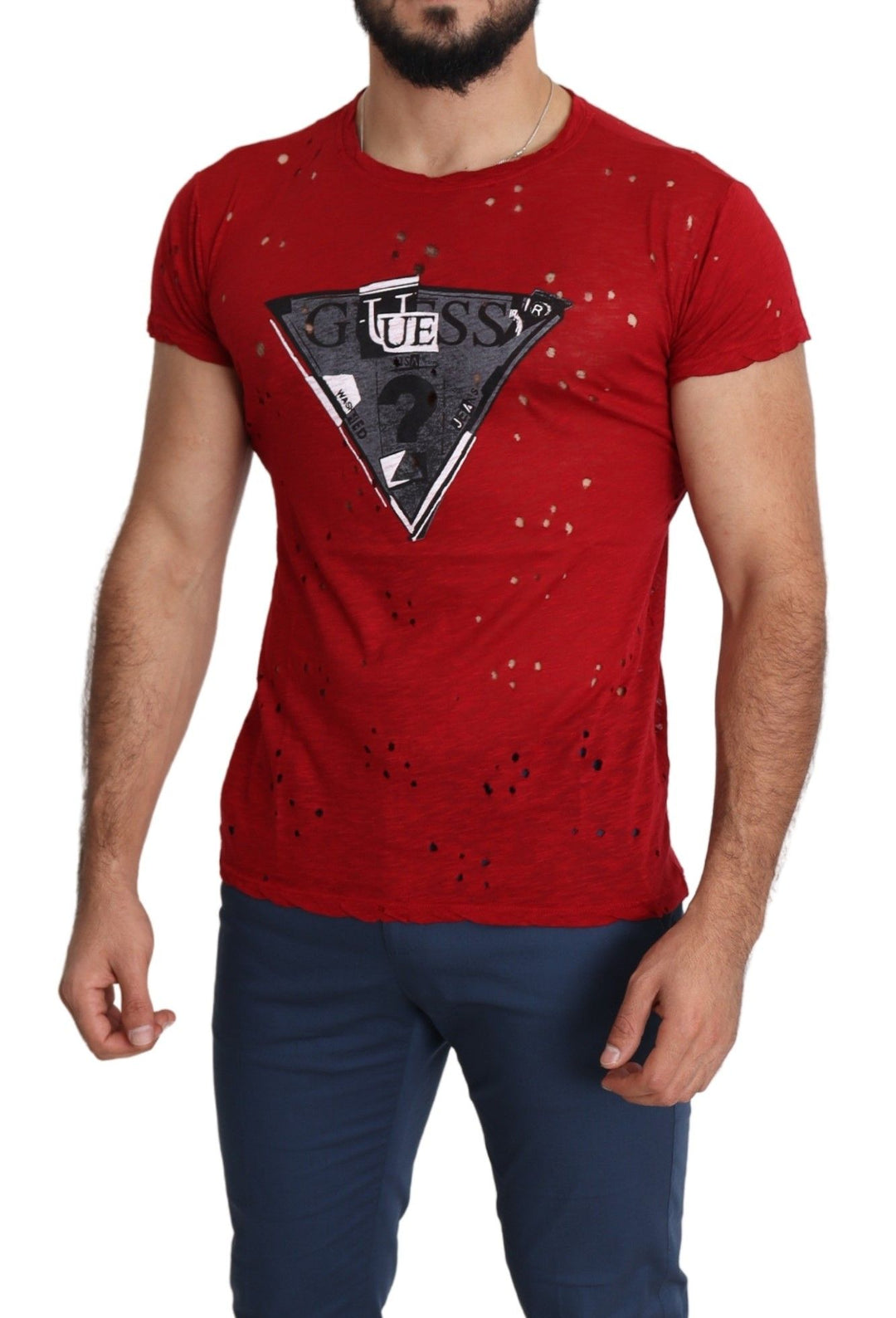 Guess Red Cotton Logo Print Men Casual Top Perforated T-shirt