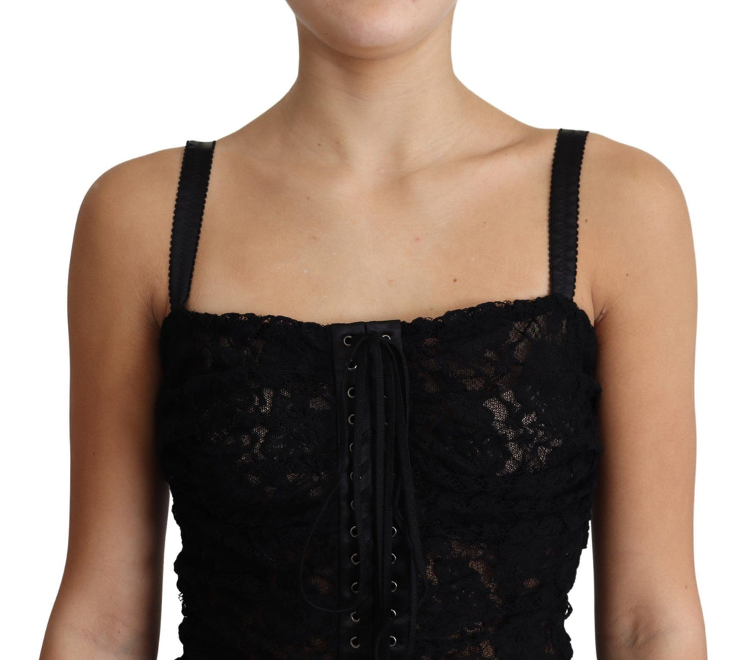 Dolce &amp; Gabbana Black Lace Up Floral Corset Bustier Mini Dress women’s dress