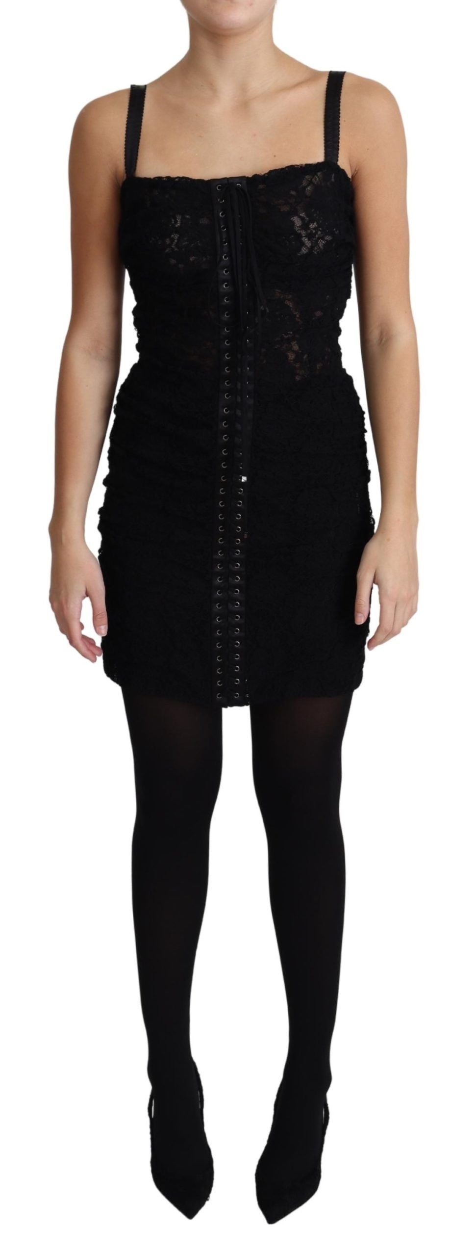 Dolce &amp; Gabbana Black Lace Up Floral Corset Bustier Mini Dress women’s dress