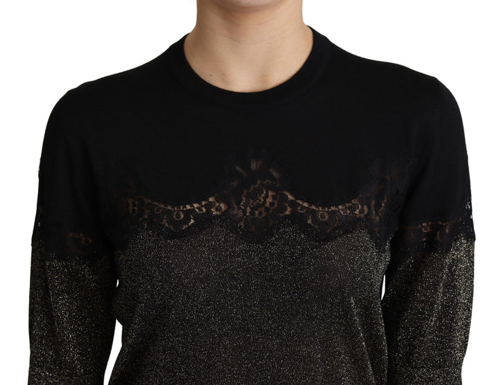Dolce & Gabbana Black Shiny Lurex Lace Insert Pullover Top