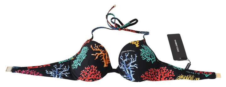 Dolce &amp; Gabbana Black Corals Print Women Beachwear Bikini Tops
