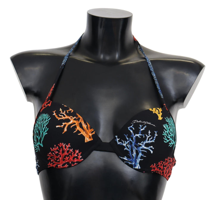 Dolce &amp; Gabbana Black Corals Print Women Beachwear Bikini Tops