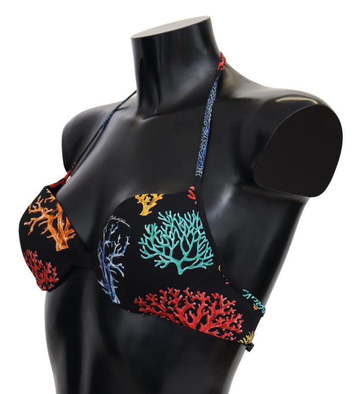 Dolce &amp; Gabbana Black Corals Print Women Beachwear Bikini Tops