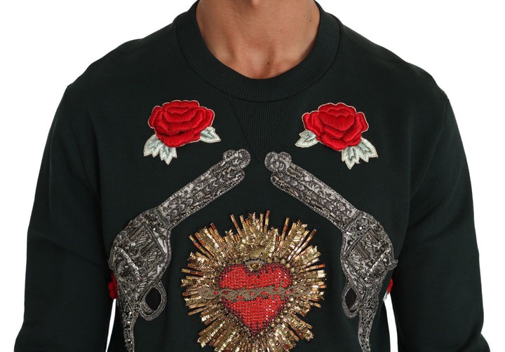 Dolce &amp; Gabbana Green Crystal Heart Roses Gun Sweater