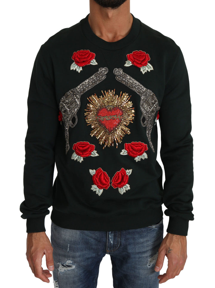Dolce &amp; Gabbana Green Crystal Heart Roses Gun Sweater