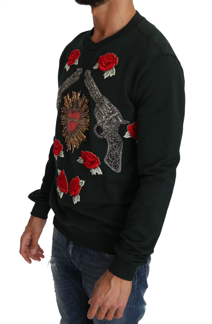 Dolce &amp; Gabbana Green Crystal Heart Roses Gun Sweater