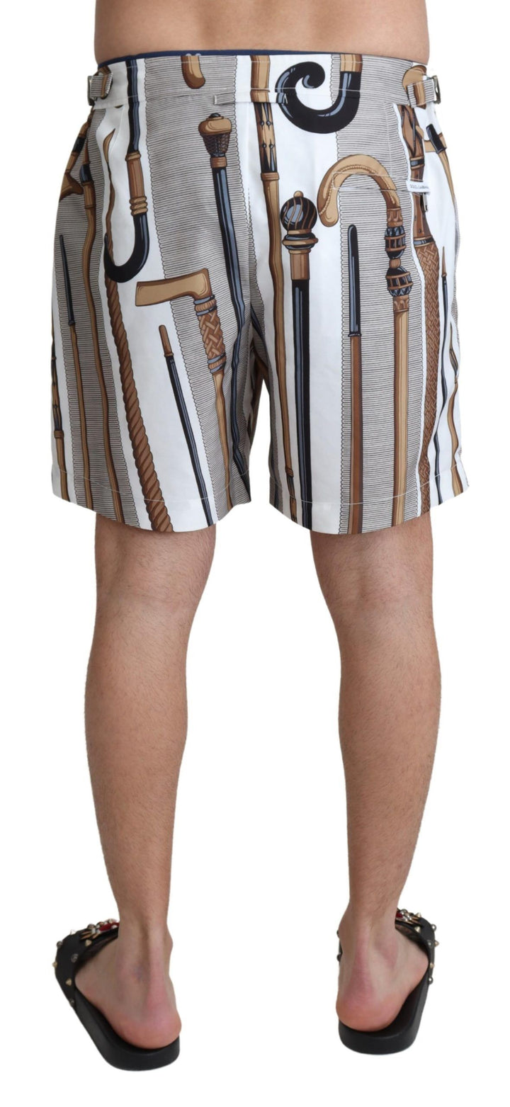 Dolce &amp; Gabbana White Walking Stick Beachwear Shorts Swimshorts