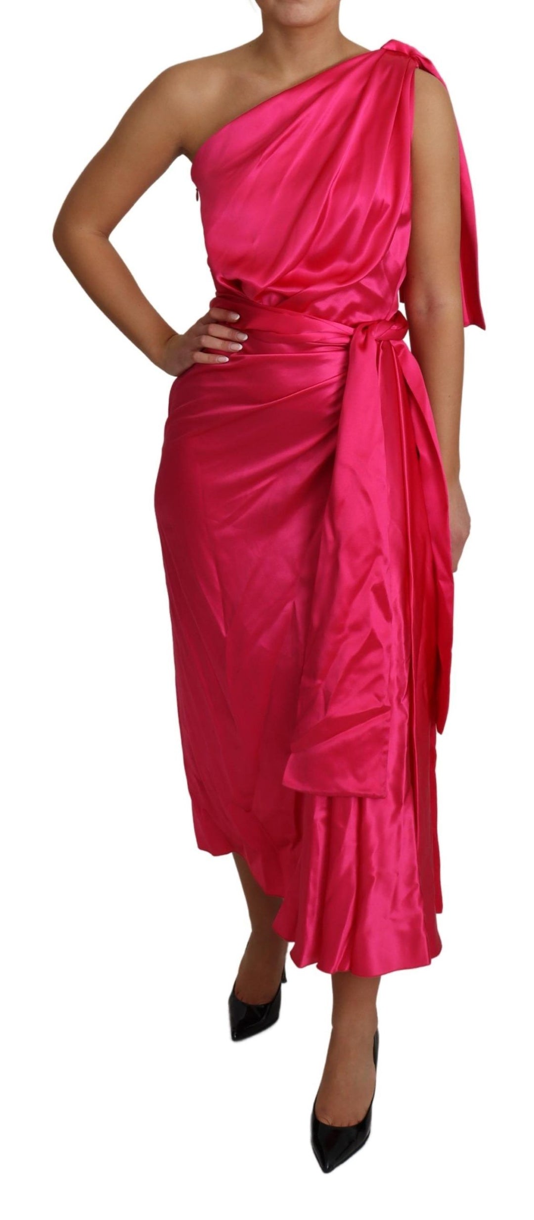 Dolce &amp; Gabbana Dress Pink Fitted Cut One Shoulder Midi women’s dress