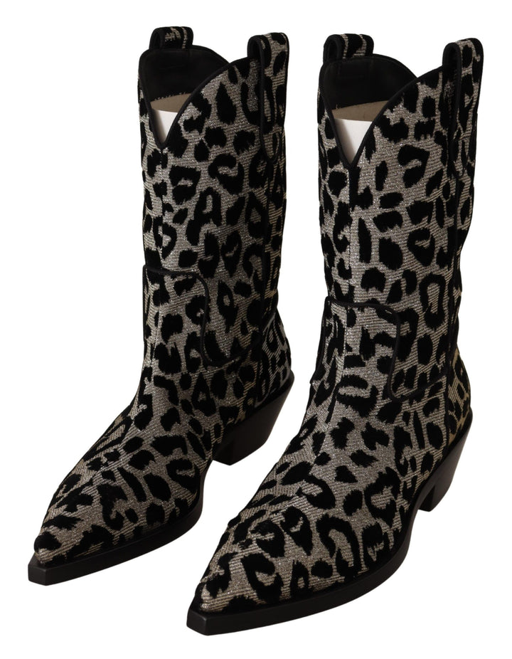 Dolce &amp; Gabbana Gray Black Leopard Cowboy Boots Shoes