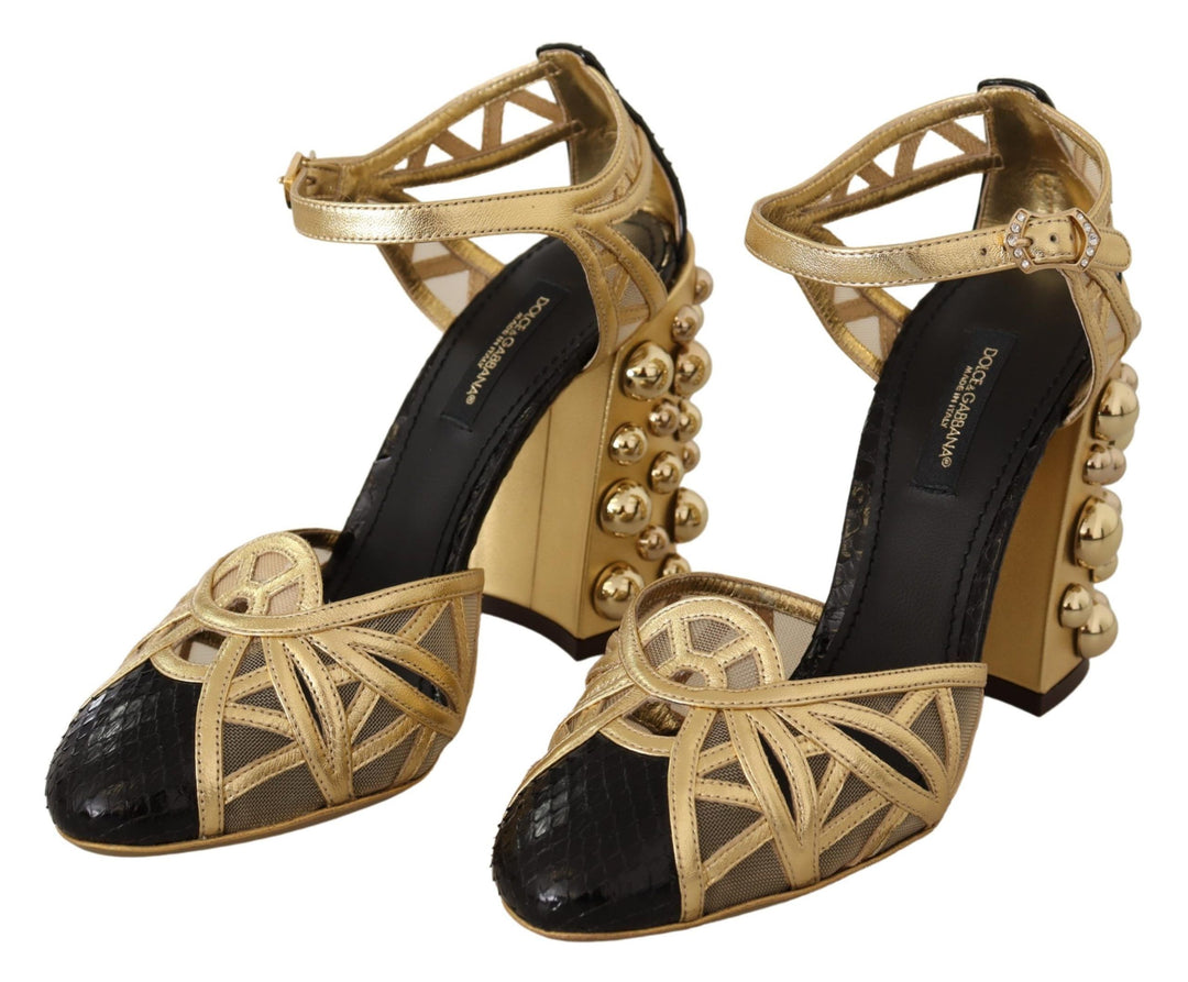 Dolce &amp; Gabbana Black Gold Leather Studded Ankle Straps Shoes
