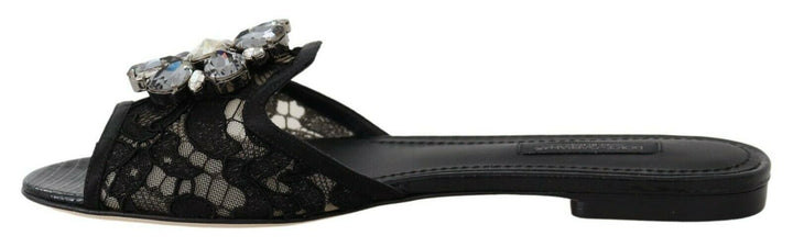 Dolce &amp; Gabbana Black Taormina Lace Slides Crystals Flats Shoes