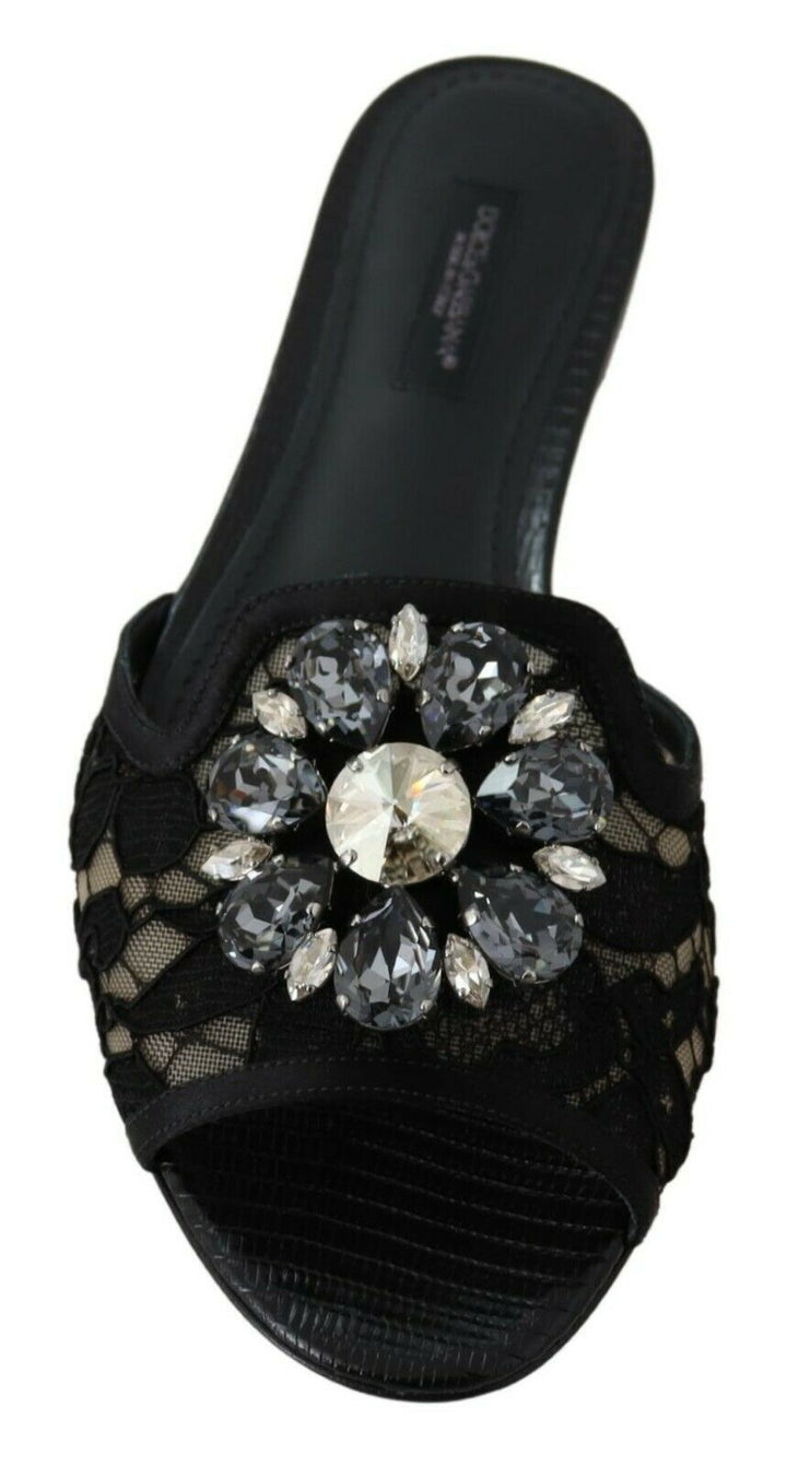 Dolce &amp; Gabbana Black Taormina Lace Slides Crystals Flats Shoes