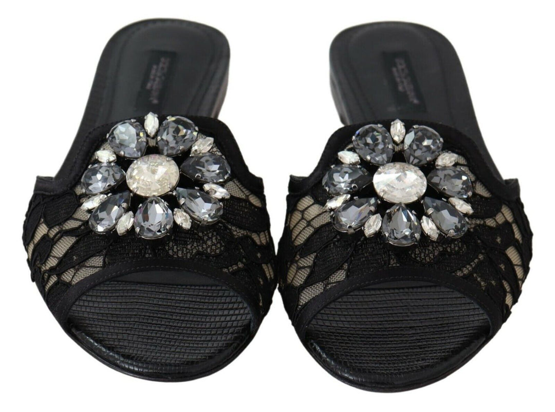 Dolce &amp; Gabbana Black Taormina Lace Slides Crystals Flats Shoes