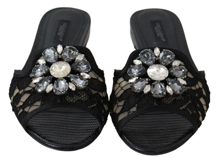 Dolce &amp; Gabbana Black Taormina Lace Slides Crystals Flats Shoes