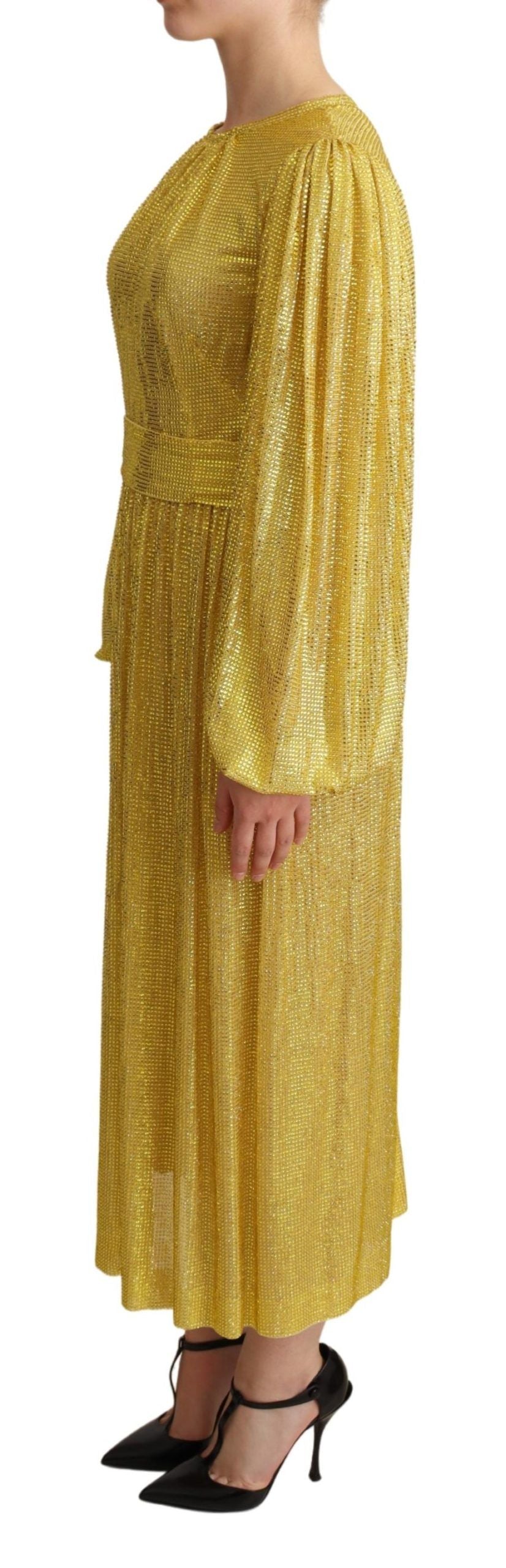 Dolce &amp; Gabbana Yellow Crystal Mesh Pleated Maxi Dress women’s dress