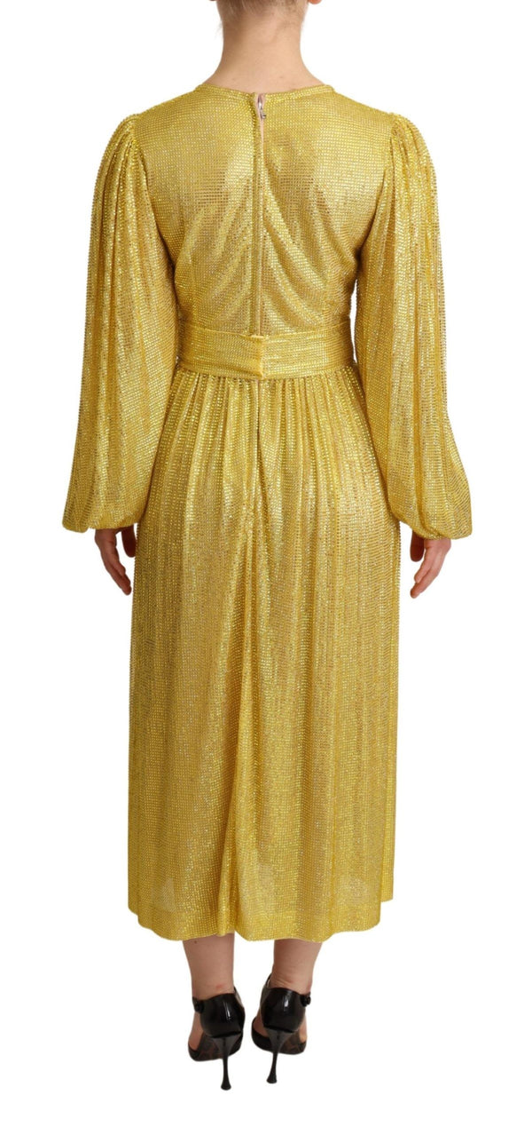 Dolce & Gabbana Yellow Crystal Mesh Pleated Maxi Dress women’s dress