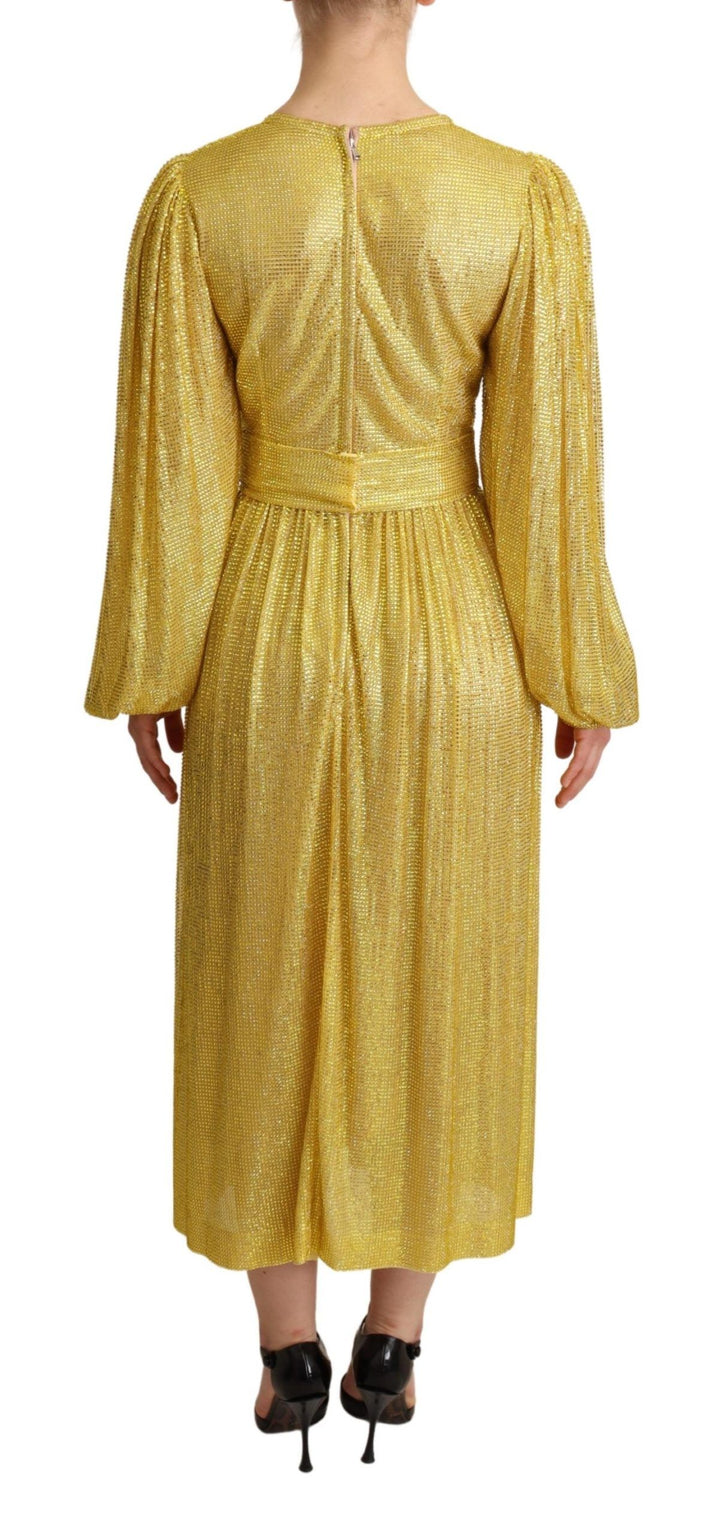 Dolce &amp; Gabbana Yellow Crystal Mesh Pleated Maxi Dress women’s dress