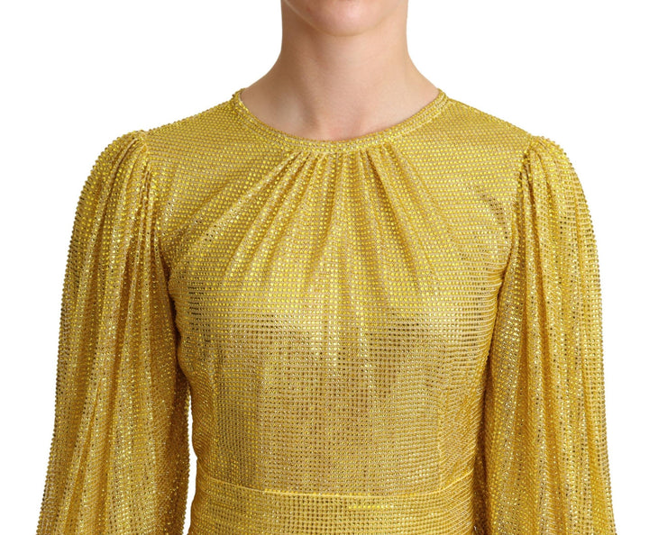 Dolce &amp; Gabbana Yellow Crystal Mesh Pleated Maxi Dress women’s dress