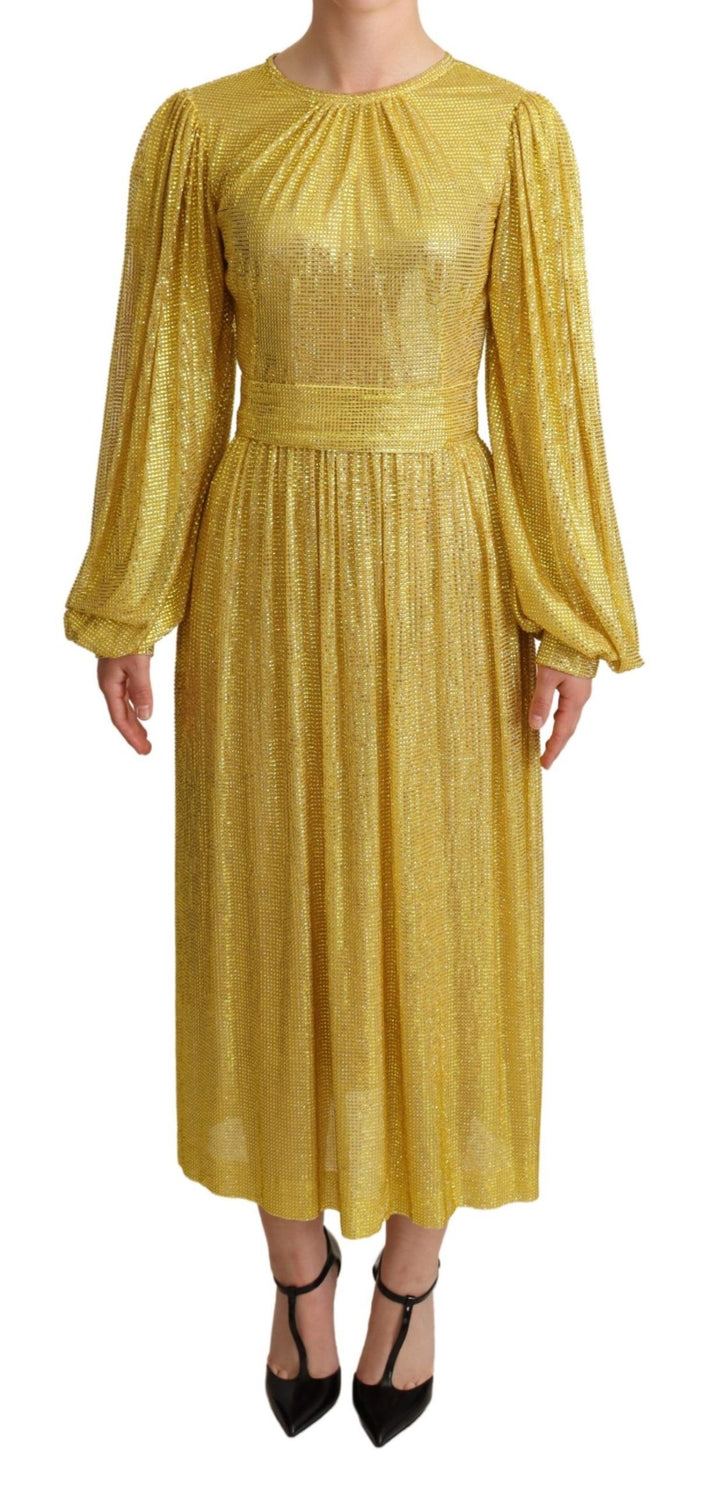 Dolce &amp; Gabbana Yellow Crystal Mesh Pleated Maxi Dress women’s dress