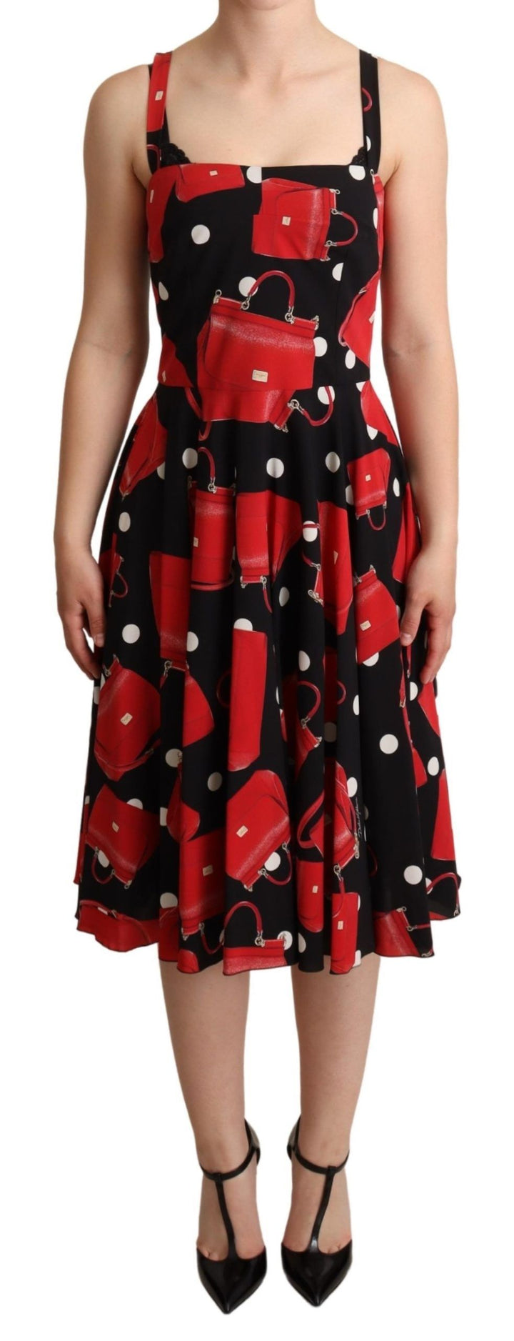 Dolce &amp; Gabbana Black Red Bag Print A-line Mid Length Dress women’s dress