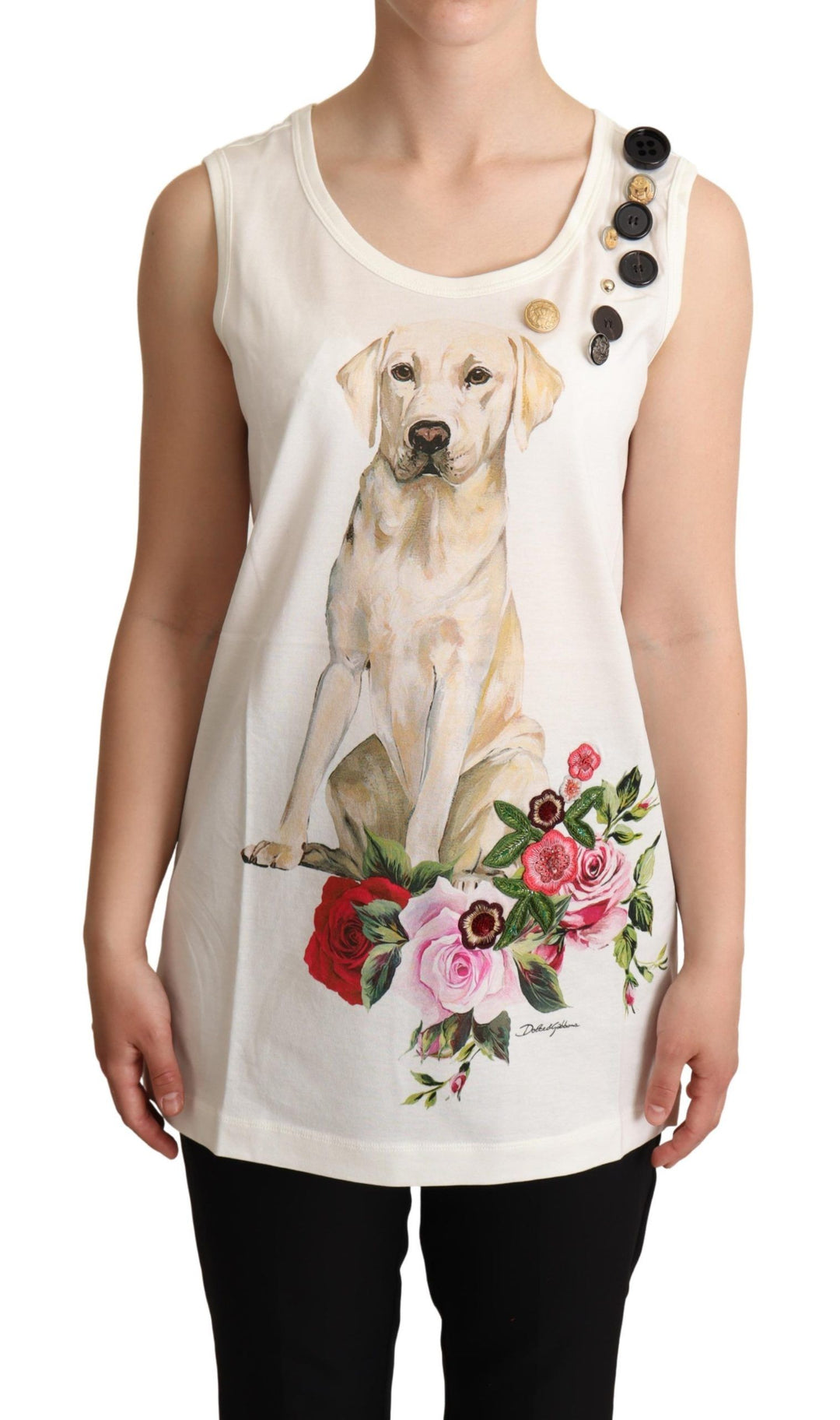 Dolce &amp; Gabbana White Dog Floral Print Embellished  T-shirt