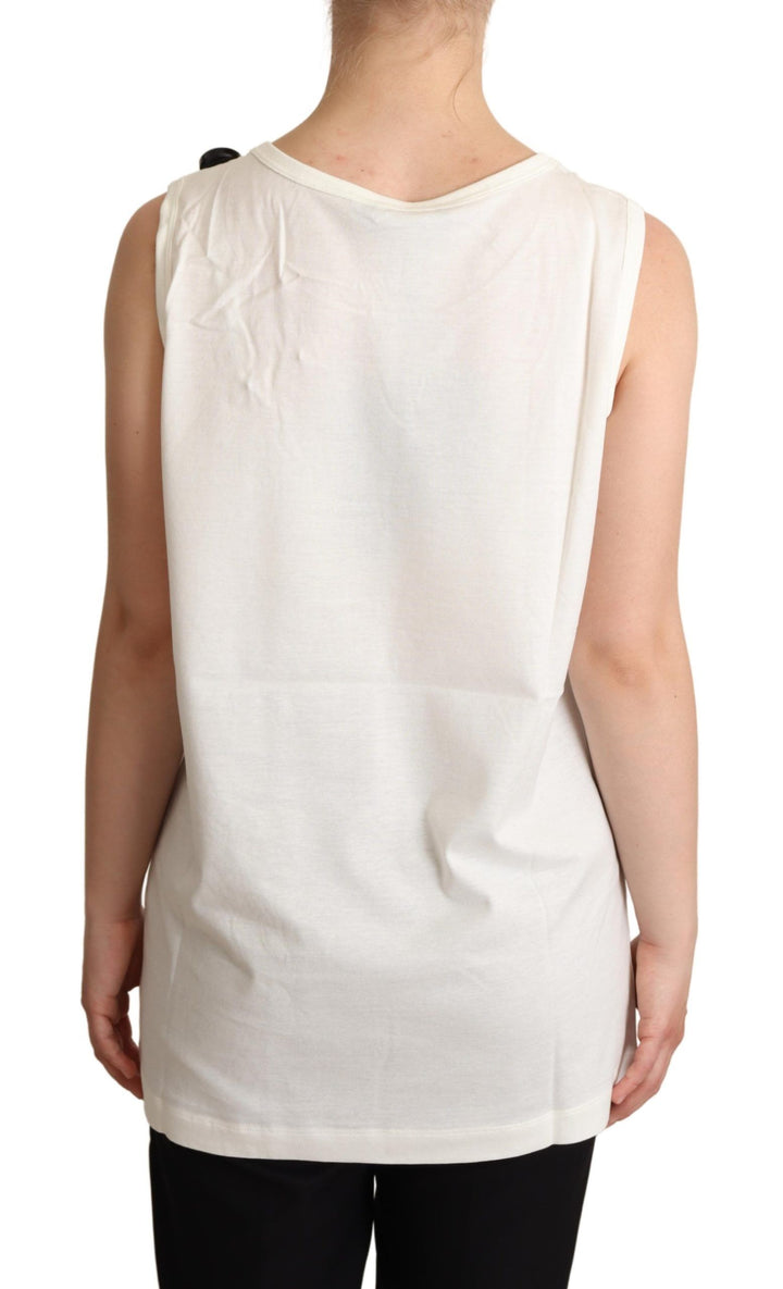 Dolce &amp; Gabbana White Dog Floral Print Embellished  T-shirt