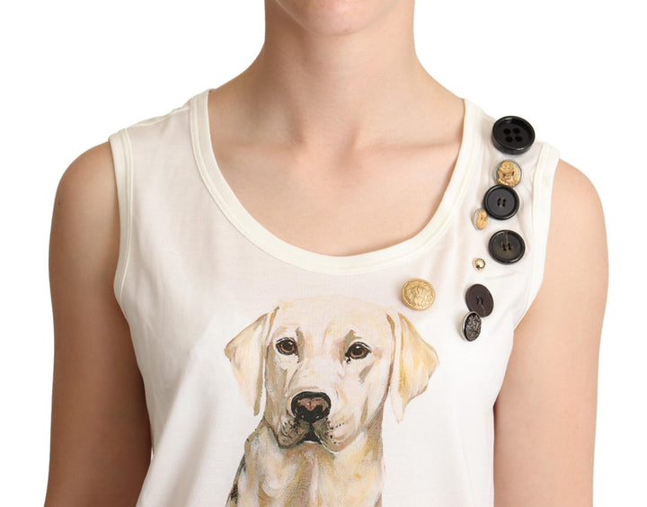 Dolce &amp; Gabbana White Dog Floral Print Embellished  T-shirt