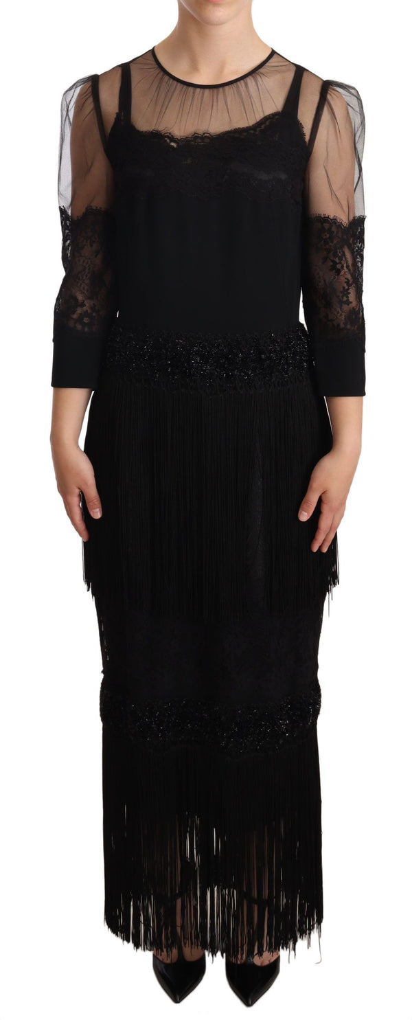 Dolce & Gabbana Black Sheer Floral Lace Crystal Maxi Dress women’s dress