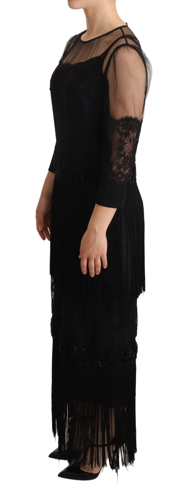 Dolce & Gabbana Black Sheer Floral Lace Crystal Maxi Dress women’s dress
