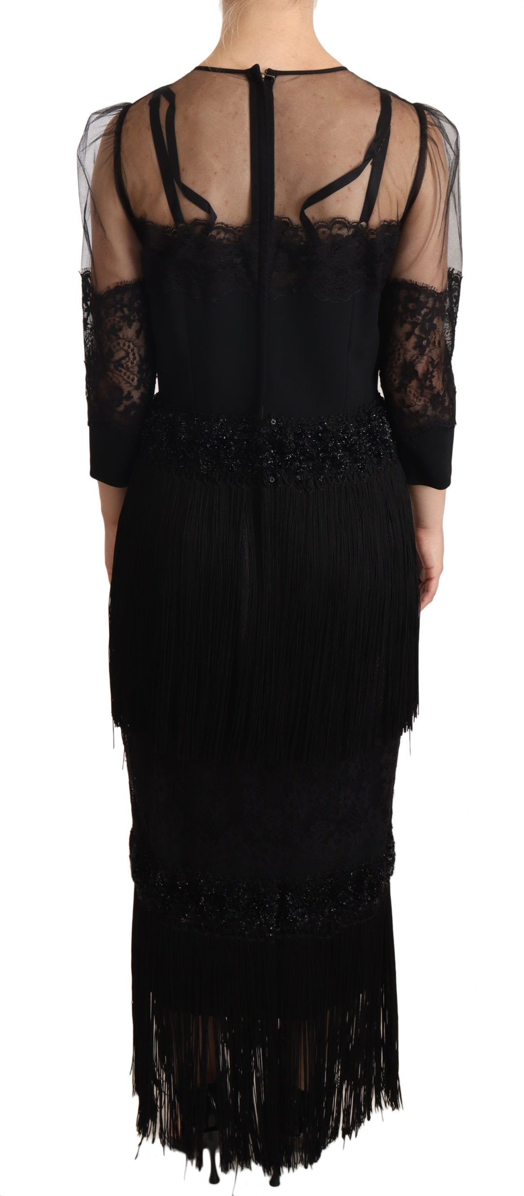 Dolce &amp; Gabbana Black Sheer Floral Lace Crystal Maxi Dress women’s dress