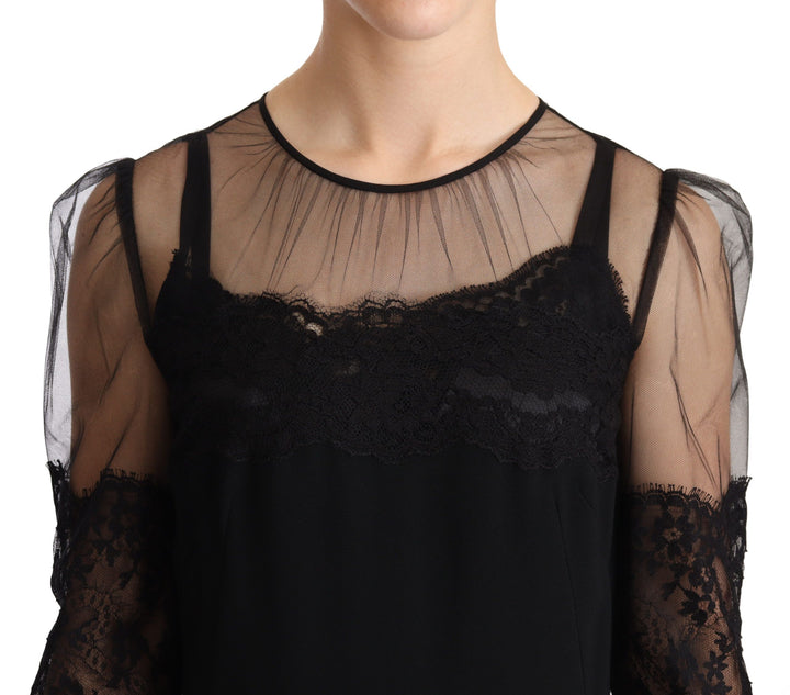 Dolce &amp; Gabbana Black Sheer Floral Lace Crystal Maxi Dress women’s dress